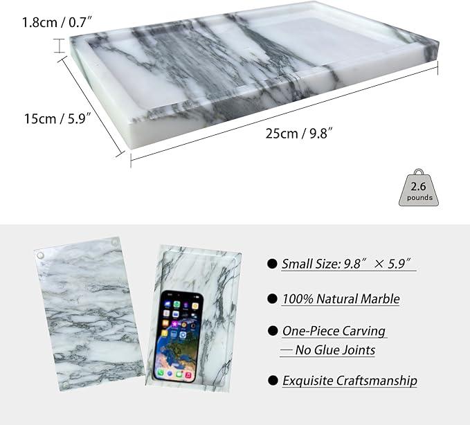 OAIQNUJ Natural White Marble Vanity Tray, 9.8"x5.9" Genuine Marble Stone Tray for Bathroom/Kitchen/Dresser (Arabescato) - ModernBath