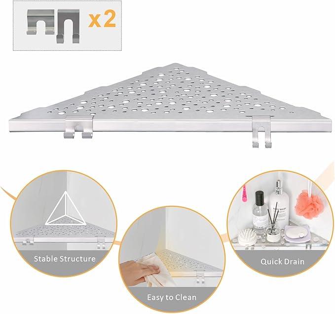 Shower Corner Shelf with 4 Hooks,No-Drill 10" Brushed Nickel 304 Stainless Steel Recessed Shelves for Bathroom Tile Walls,2-Pack - ModernBath