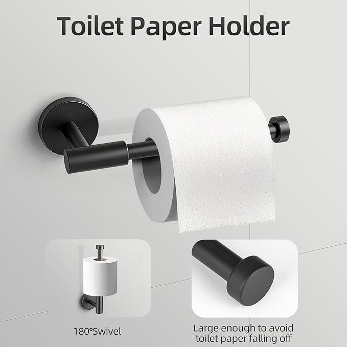 Matte Black Bathroom Hardware Accessories Set 5 Pieces, SUS304 Stainless Steel Bathroom Towel Bar Toilet Paper Holder Set Wall Mounted-19 Inch Towel Bar, Toilet Paper Holder, Towel Hooks, Towel Ring - ModernBath