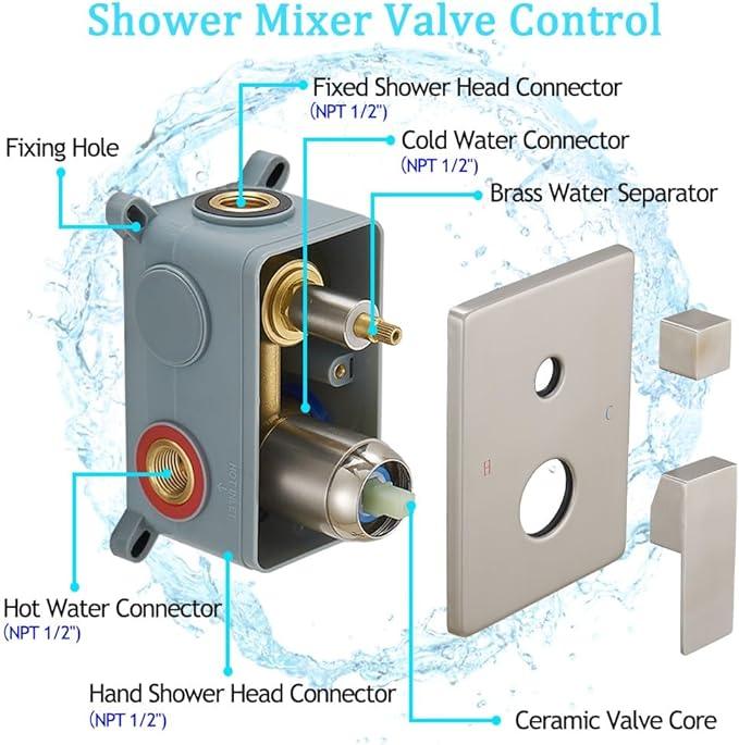 annazom Shower Faucet Combo Set with Shower Spray Wand Large 12 Inch Shower Head Brushed Nickel Surface High Pressure with Rough-in Valve, Brushed Nickel - ModernBath