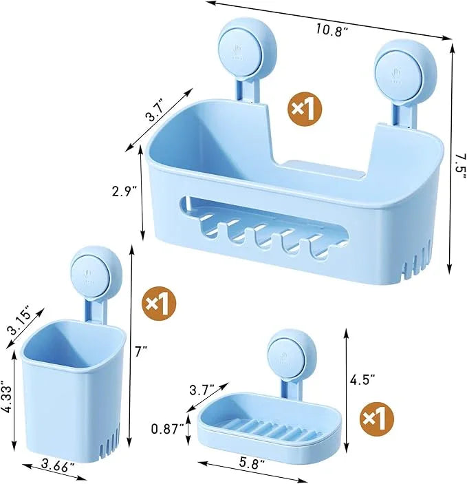 LEVERLOC Shower Caddy Suction Cup Set Shower Organizer & Soap Holder & Toothbrush Holder, Bathroom Shelf Basket NO-Drilling, Removable Suction Storage Waterproof Bathroom Caddy, Blue - ModernBath