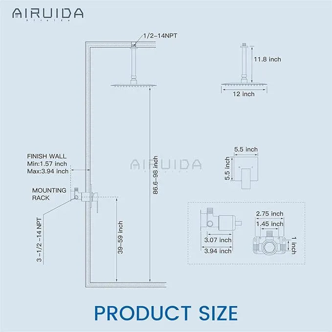 Airuida Shower Faucet Set and Handle Set Single Function Shower Trim Kit Ceiling Mount Rainfall Shower System with Male Threads and Rough-in Valve 12 Inch Square Shower Head Brushed Nickel - ModernBath
