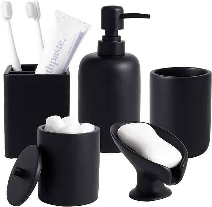 Resin Matte Black Bathroom Accessories Set of 5, Lotion Soap Dispenser, Bathroom Organizer Accessory, Toothbrush Holder, Self Draining Soap Dish and Bathroom Tumbler for Modern Home Decor - ModernBath