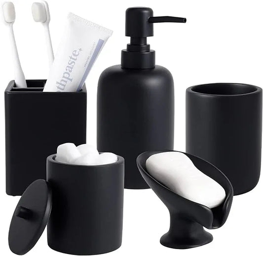 Resin Matte Black Bathroom Accessories Set of 5, Lotion Soap Dispenser, Bathroom Organizer Accessory, Toothbrush Holder, Self Draining Soap Dish and Bathroom Tumbler for Modern Home Decor - ModernBath