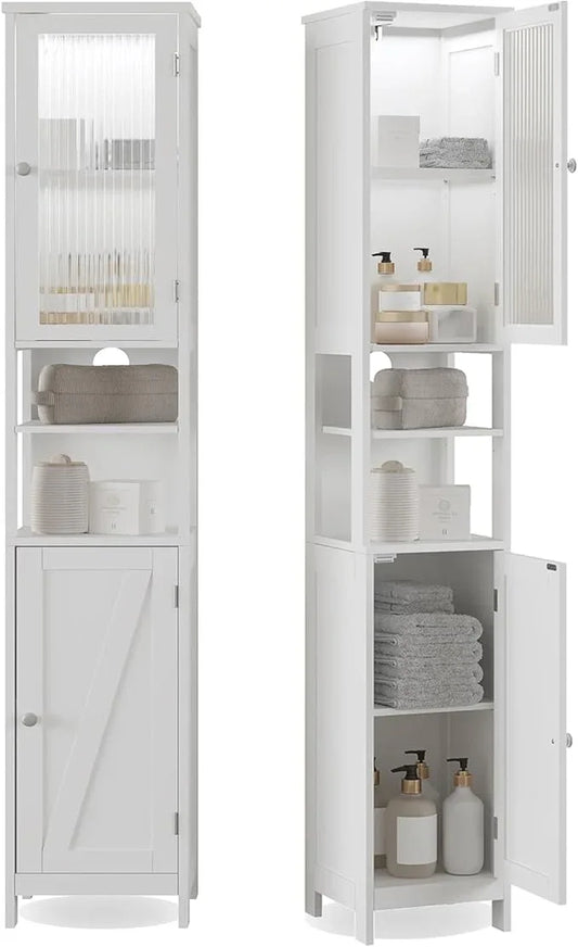ChooChoo Tall Bathroom Storage Cabinet with Light, 5-Tier Narrow Bathroom Cabinet with 2 Doors, Slim Storage Linen Cabinet Freestanding with Adjustable Shelves for Space Saving, White - ModernBath