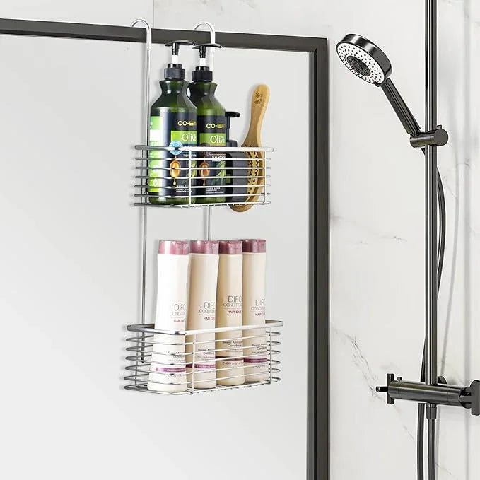 YQh Stainless steel double-layer shower rack, shower room hanging bathroom organizer, storage rack installed on the hanging bar or door, can store shampoo, hair conditioner, shower gel (double) - ModernBath
