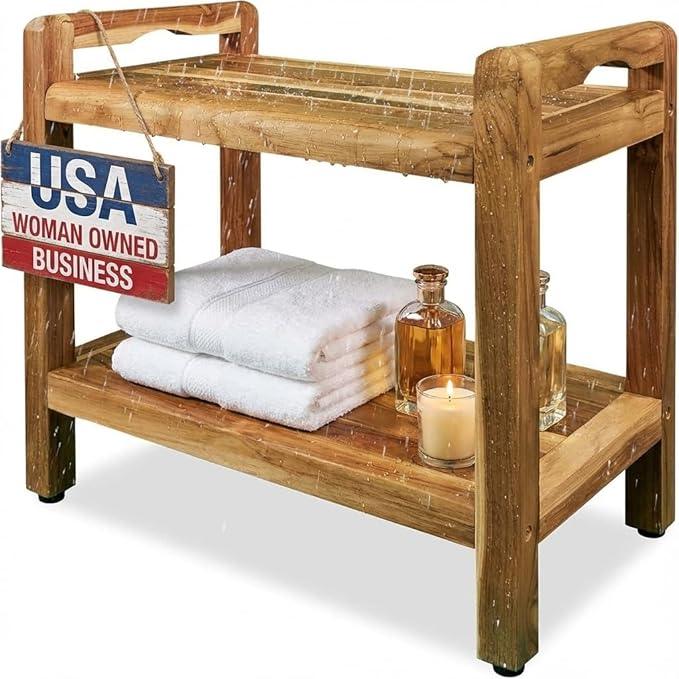 EcoDecors Eleganto 24 Inch Natural Color Waterproof Teak Wood Shower Bench Stool Seat Chair For Inside Shower Provides Safety, Storage, and Organization For Bathroom Accessories - ModernBath