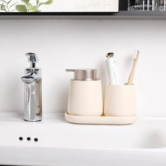 BosilunLife Bathroom Accessories Set 3 pcs - Bathroom Ceramic Foaming Soap Dispenser Set Farmhouse Bathroom Decor, Foam Soap Dispenser and Toothbrush Holder with Tray - ModernBath