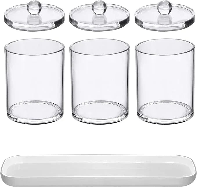 Amazing Abby - Catalina - Clear Acrylic Bathroom Canister with White Tray (4-Piece Set), Plastic Apothecary Jars with Lids, Bathroom Organizers for Q-tips, Cotton Balls, Floss Picks, Sponges, and More - ModernBath