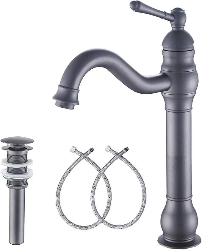 GGStudy Bathroom Faucet 360° Swivel Single-Handle One Hole Bathroom Vessel Sink Faucet Matching Pop Up Drain Grey Farmhouse Bathroom Vanity Faucet - ModernBath