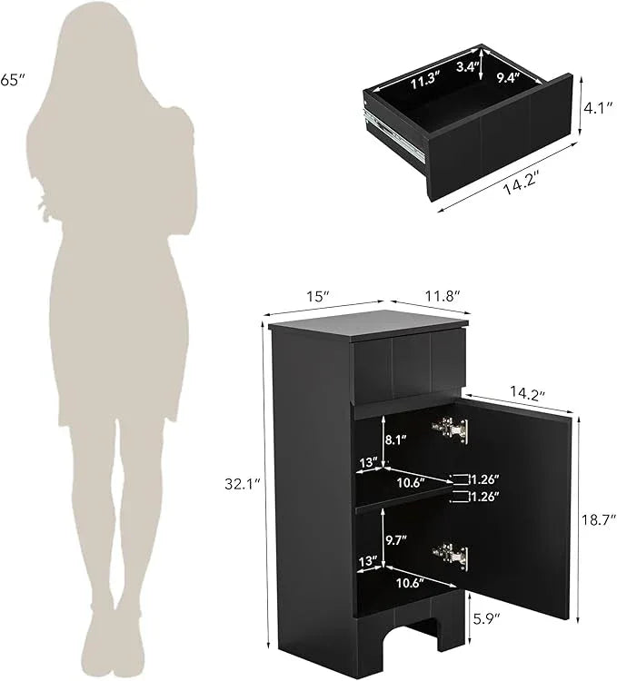Small Bathroom Cabinet with Adjustable Shelves, Drawer, Anti-Tip Design, 14.96" L x 11.81" W x 32.09" H, Durable MDF for Bathroom, Kitchen, Laundry Storage, Soft-Close Door - ModernBath