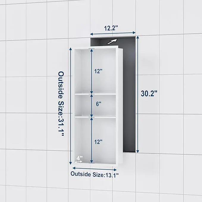 Qeke Stainless Steel Shower Niche 12" X 30", No Tile Needed Wall Niche Three-Tier, Recessed Shower Shelf for Bathroom Storage, Matte White - ModernBath