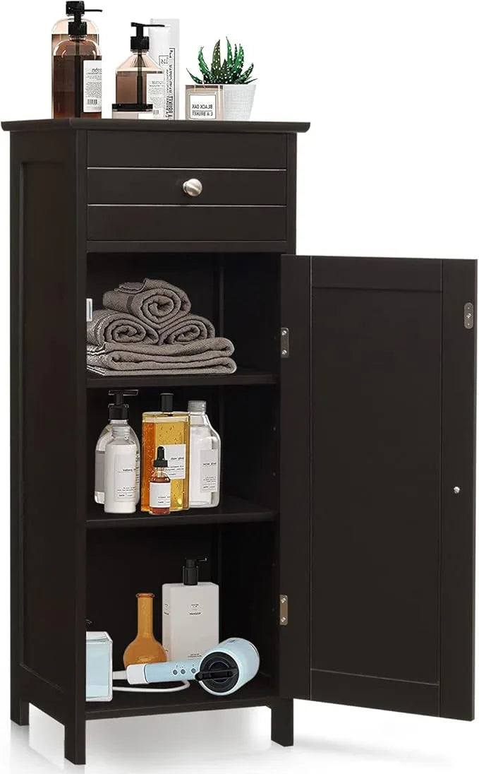 GOFLAME Bathroom Storage Cabinet, Freestanding Wooden Storage Cabinet with Large Drawer, 2 Float Shelves with 7 Positions, Bathroom Floor Cabinet Organizer for Living Room, Brown - ModernBath
