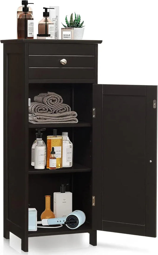 GOFLAME Bathroom Storage Cabinet, Freestanding Wooden Storage Cabinet with Large Drawer, 2 Float Shelves with 7 Positions, Bathroom Floor Cabinet Organizer for Living Room, Brown - ModernBath