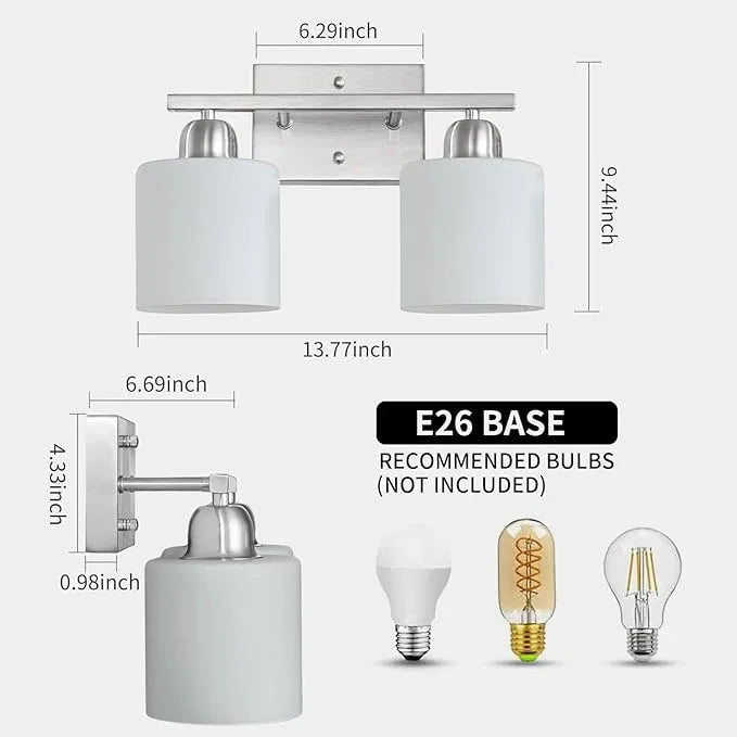 Brushed Nickel Bathroom Light, 2 Light Bathroom Vanity Light Brushed Nickel, Vanity Lamp with Milky White Frosted Glass Shades, E26 Socket - ModernBath