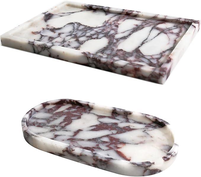 Real Luxurious Natural Marble Vanity Tray Genuine Marble Storage Tray for Home Decor Stone Tray for Bathroom/Kitchen/Vanity/Dresser Non-Resin/Non-Ceramic/Viola Oval Set - ModernBath