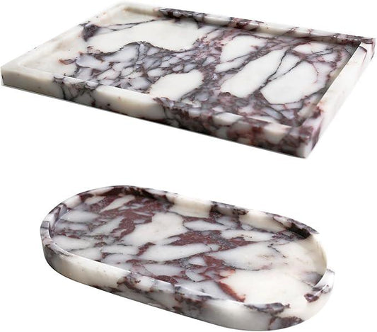 Real Luxurious Natural Marble Vanity Tray Genuine Marble Storage Tray for Home Decor Stone Tray for Bathroom/Kitchen/Vanity/Dresser Non-Resin/Non-Ceramic/Viola Oval Set - ModernBath