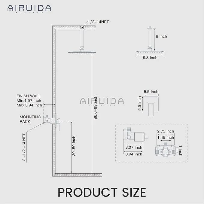 Airuida Shower Faucet Set and Handle Set Single Function Shower Trim Kit Ceiling Mount Rainfall Shower System with Male Threads and Rough-in Valve 10 Inch Square Shower Head Brushed Gold - ModernBath