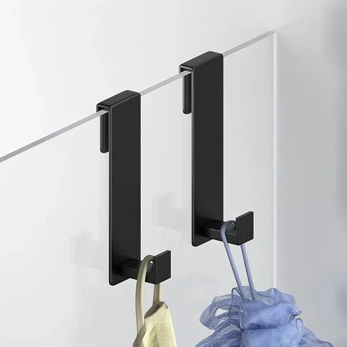 Shower Door Hooks, Heavy Duty Rack Hooks for Robe, Stainless Steel Towel Hooks for Bathroom, Fits Frameless Glass Shower Doors up to 3/8" (10mm) Thick (Black, 2 Pack) - ModernBath