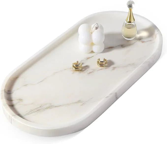 Koville White Marble Tray with Gold Pattern for Bathroom Counter, Stone Trays for Home Decor Marble Vanity Tray, Stone Storage Trays for Perfume, Jewelry, Decorative Tray for Dresser Organizer - ModernBath