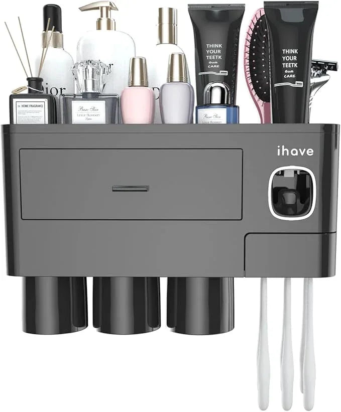 iHave Toothbrush Holders for Bathrooms, 3 Cups Toothbrush Holder Wall Mounted with Toothpaste Dispenser - Large Capacity Tray, Cosmetic Drawer - Bathroom Organizer & Bathroom Organization and Storage - ModernBath