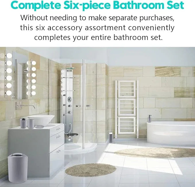 Papillon Bathroom Accessories - 6 Piece Plastic Gift Toothbrush Holder,Toothbrush Cup,Soap Dispenser & Dish,Toilet Brush Holder,Trash Can,Tumbler Straw Set (Gray) - ModernBath