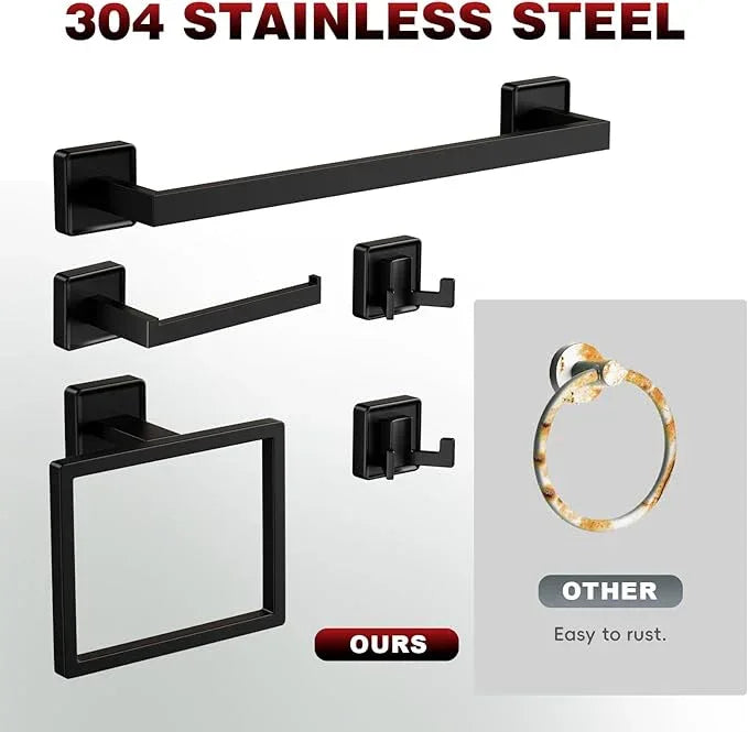 SHUNLI 5-Pieces Matte Black Bathroom Hardware Accessories Set, SUS304 Stainless Steel Towel Bar, Toilet Paper Holder, Bathroom Towel Holder with Wall Mounted - ModernBath