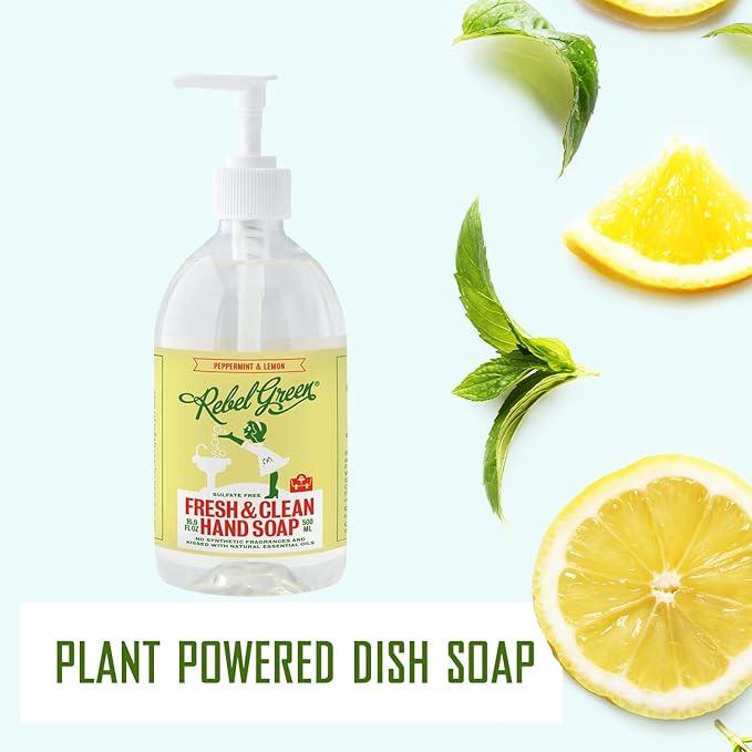 Rebel Green Liquid Hand Soap - Moisturizing Natural Bathroom & Kitchen Liquid Soap - Gentle Household Hand Wash (Peppermint and Lemon, 16.90 Fl Oz (Pack of 4)) - ModernBath