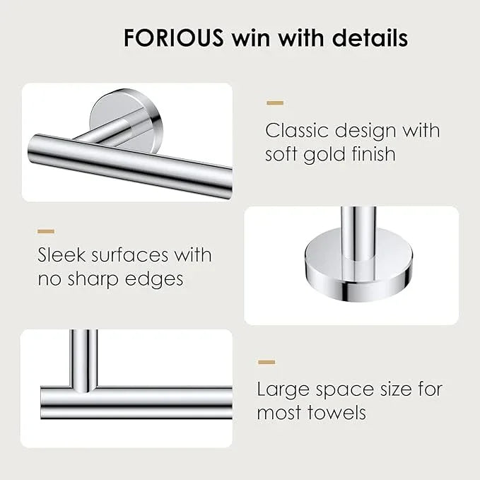 FORIOUS Towel Bar Wall Mounted, Stainless Steel Towel Racks for Bathroom, Includes Wall Mounting Hardware (Chrome, 14 Inch) - ModernBath