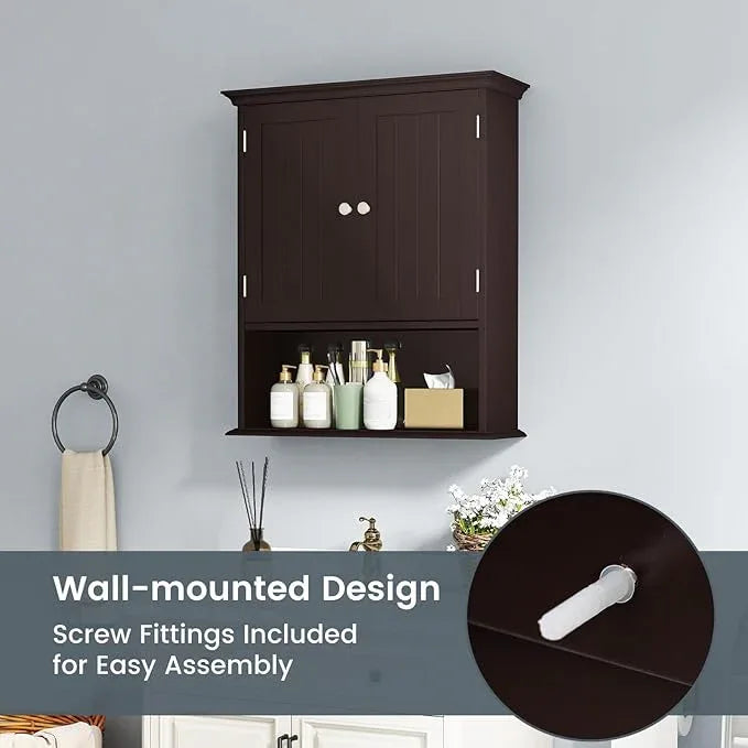 Tangkula Bathroom Wall Cabinet, Wooden Hanging Storage Cabinet with Doors & Shelves, Multipurpose Storage Cabinet for Restroom Kitchen Living Room, Wall Mounted Bathroom Medicine Cabinet (Brown) - ModernBath