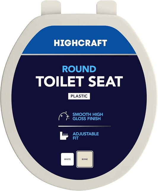 HIGHCRAFT Premium Round Toilet Seat with Adjustable Hinges - Molded Plastic Toilet Seat - Fits Standard Round Toilets - Round Seat in Bone/Beige