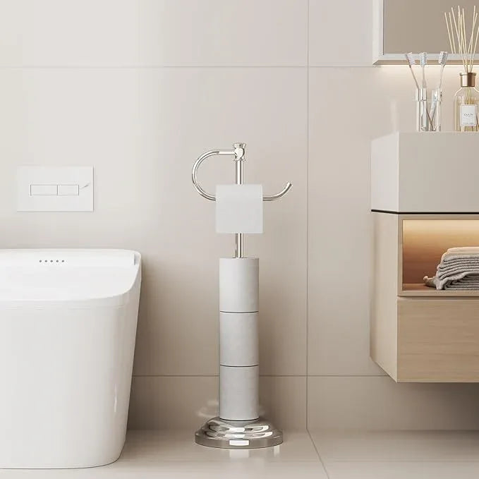 BESy Toilet Paper Holder Free Standing Bathroom Toilet Tissue Holder Stand for Floor Toilet Paper Roll Holder with Storage Hardware Accessories Rack Hand Towel Bar Polished Chrome Stainless Steel - ModernBath