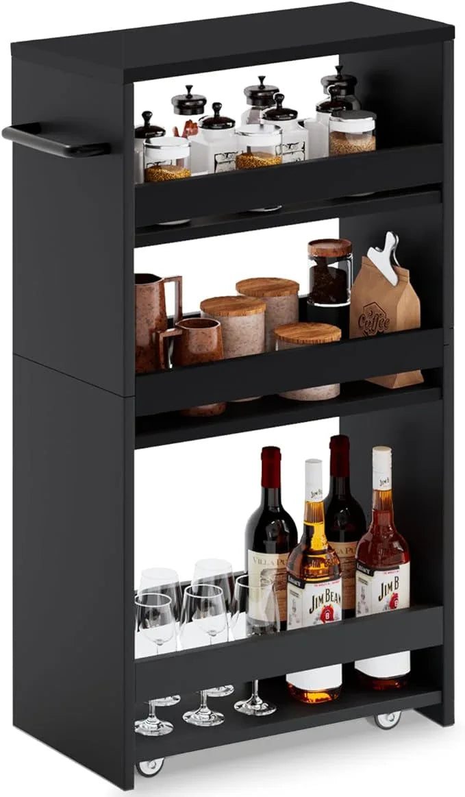 MARTY Rolling Storage Cart 7.9" W, 4-Tier Kitchen Cart with Wheels Handle, Slim Storage Cart Mobile Shelving Utility Carts for Bathroom Laundry Room Organization Narrow Places (All Black) - ModernBath