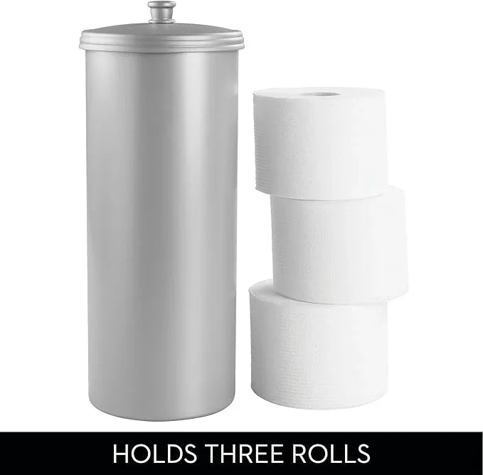 iDesign Freestanding Bathroom Toilet Paper Storage Holder with Lid for 3 Extra Rolls, Silver - ModernBath