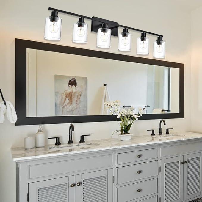 VINLUZ Bathroom Vanity Light Fixtures,6 Light Matte Black Modern Metal Base Wall Sconce Lighting with Clear Glass Shade Wall Mounted Lamp for Mirror - ModernBath