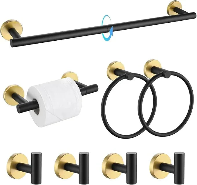 TQKAG 8-Pieces Bathroom Hardware Set Black and Gold SUS304 Stainless Steel Bath Towel Bar Set 23.6 Inch Round Bathroom Accessories Kit Wall Mounted - ModernBath