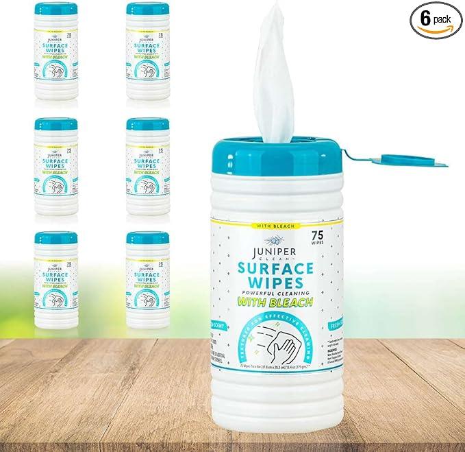 Juniper CLEAN 6 Pack Surface Cleaning Wipes with Bleach, All-Purpose Cleaner for Bathroom, Kitchen, Office, 450 Count Canister, Fresh Scent, 7.5" x 7" Sheet, Lint Free & Durable - ModernBath