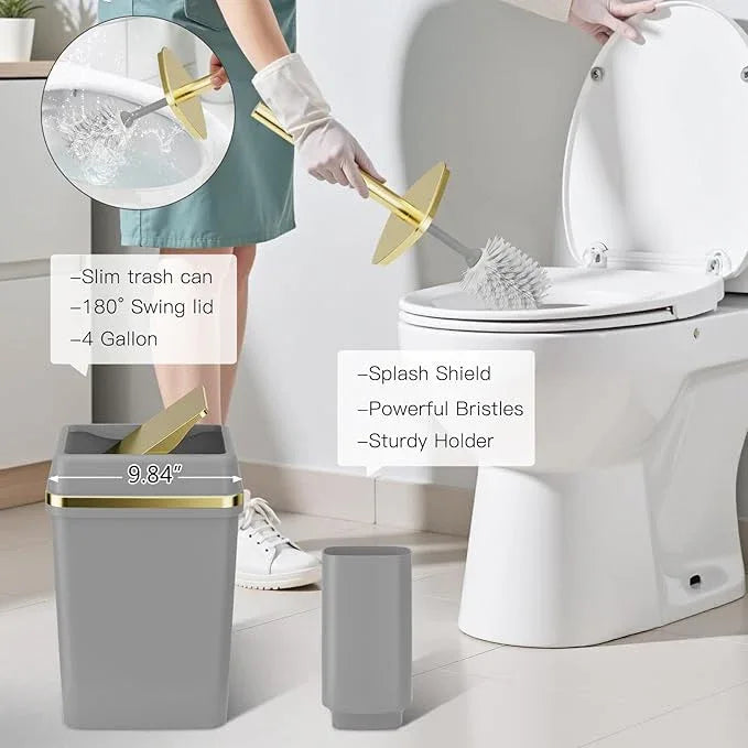 9PCS Bathroom Accessory Set, Grey Bathroom Set with Large-Capacity 4 Gallon Trash Can, Bathroom Accessories Set Complete, Toothbrush Holder, Soap Dispenser, Toilet Brush, Bathroom Decor - ModernBath