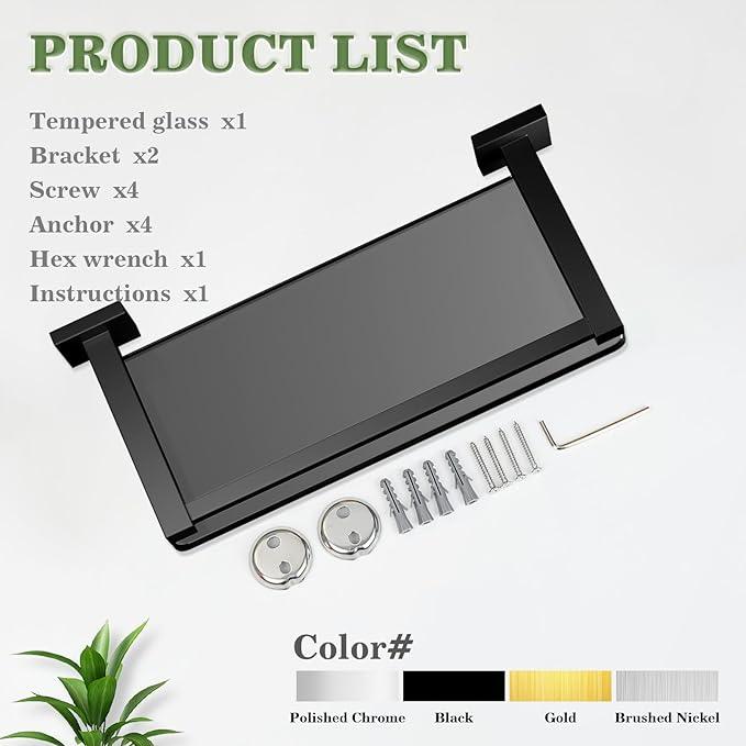 Alise Glass Shelves for Bathroom Wall, Tempered Glass Bathroom Shelf Wall Mounted, Modern Space Saving Floating Shelves 12 inch, Matte Black - ModernBath