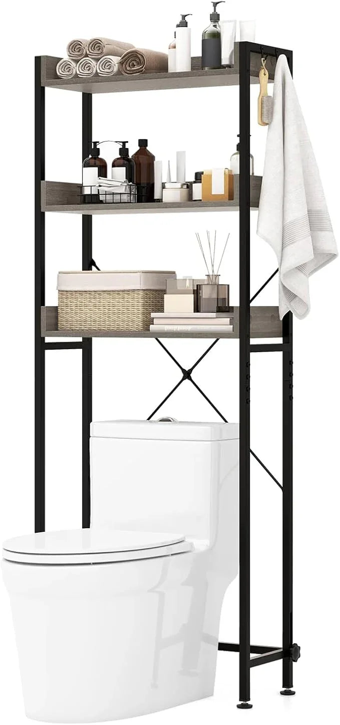 Tangkula Over The Toilet Storage, 3-Tier Toilet Rack Bathroom Space Saver with 4 Hooks & Adjustable Bottom Bar, Freestanding Bathroom Organizer Shelf Over Toilet for Restroom Balcony Laundry (Grey) - ModernBath