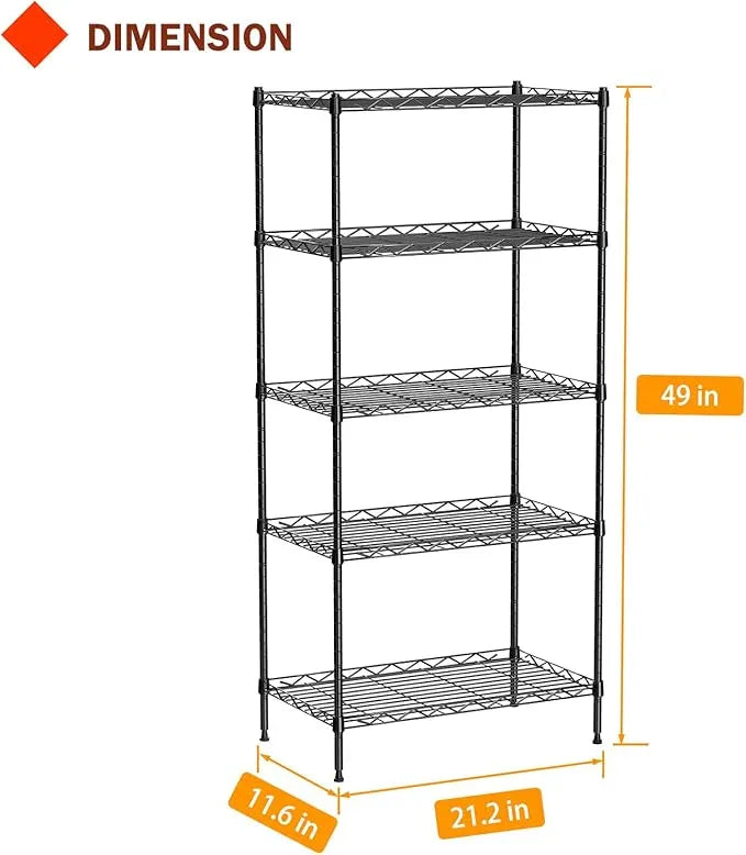 5 Tier Standing Metal Wire Shelving Unit, Adjustable Height, Storage Shelf Units for Laundry Bathroom Kitchen Pantry Closet (11.6" D x 21.2" W x 49" H inches, Black) - ModernBath