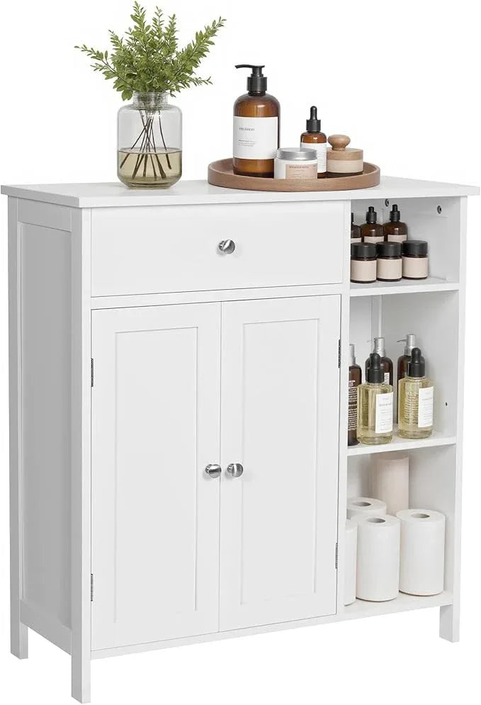 VASAGLE Floor Storage Cabinet with Drawer, Freestanding Cabinet with Doors, 3 Open Compartments, Adjustable Shelves, 11.8 x 29.5 x 31.5 Inches, for Bathroom, Living Room, Cloud White UBBC142W01 - ModernBath