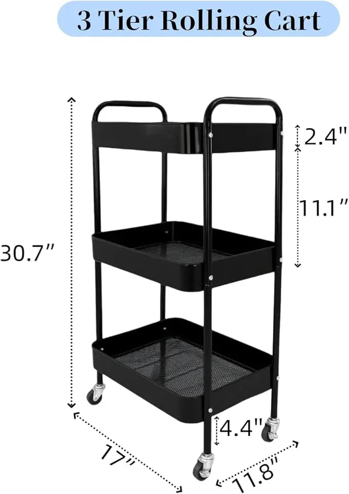 3 Tier Rolling Storage Cart for Kitchen Storage & Laundry Room Organization, Large Capacity Metal Utility Cart on Wheels and 4 Hooks for Art Lash Craft Bedside, Sturdy Nursery Organizer, Black - ModernBath
