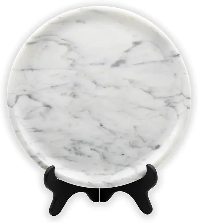 Marmor Natural Marble Bathroom Tray for Perfume & Jewelry, Vanity Decorative Catchall Tray for Countertop, Stone Organizer Dish for Candles, Makeup, Essentials(Statuario White Round Plate) - ModernBath