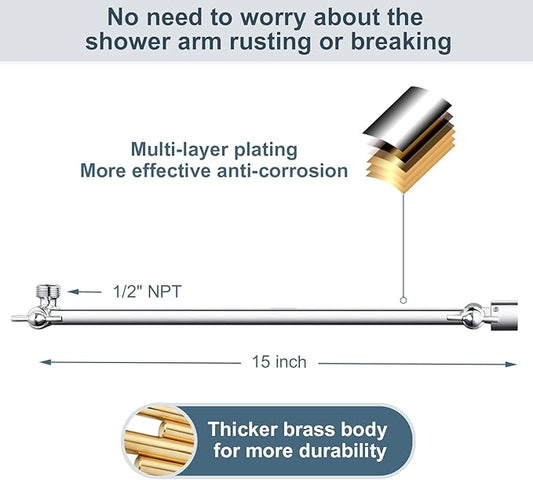 BRIGHT SHOWERS 15 Inch Extra Long Shower Head Extension Arm, Solid Brass Shower Arm Extender with Locking Screw for Rain and Handheld Showerhead, Height & Angle Adjustable, Chrome