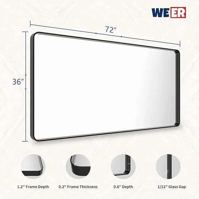 WEER Black Bathroom Mirror 72x36 Inch, Black Metal Framed Mirror for Wall, Large Rounded Rectangle Matte Black Vanity Mirror Farmhouse, Anti-Rust, Tempered Glass, Hangs Horizontally or Vertically - ModernBath