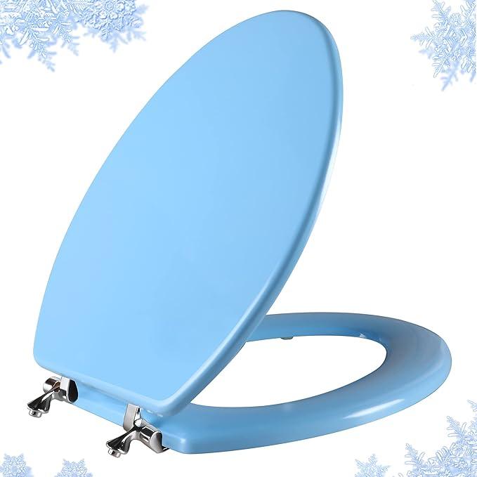 Blue Elongated Toilet Seat Natural Wood Toilet Seat with Zinc Alloy Hinges, Easy to Install also Easy to Clean, Scratch Resistant Toilet Seat by Angol Shiold (Elongated, Blue) - ModernBath