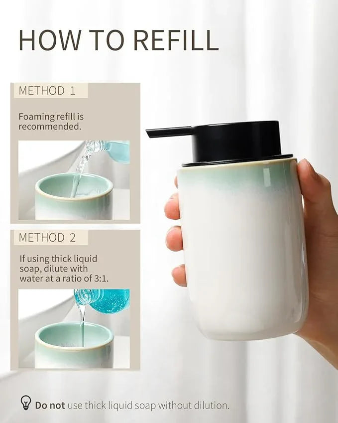 BosilunLife Hand Soap Dispenser - Foam Soap Dispenser Bathroom Ceramic Dish Liquid Soap Dispenser for Kitchen, Bathroom Countertop Soap Dispensers (White with Blue-Green Rim Foam Pump) - ModernBath