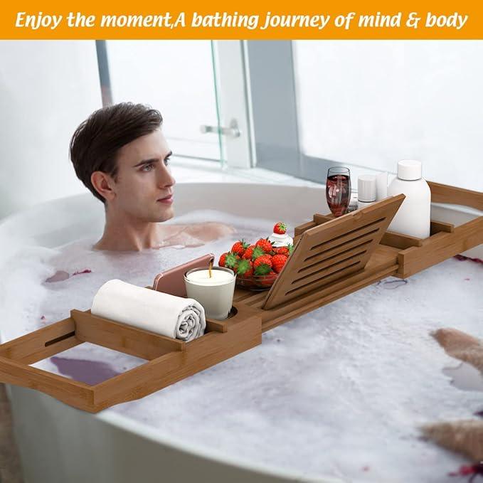 Bamboo Bathtub Tray for Luxury Bathroom, Expandable Premium Bath Tray with Soap Towel Book Holder, Luxury Spa Wooden Bath Table for Reading Laptop Over The Clawfoot Walnut - ModernBath