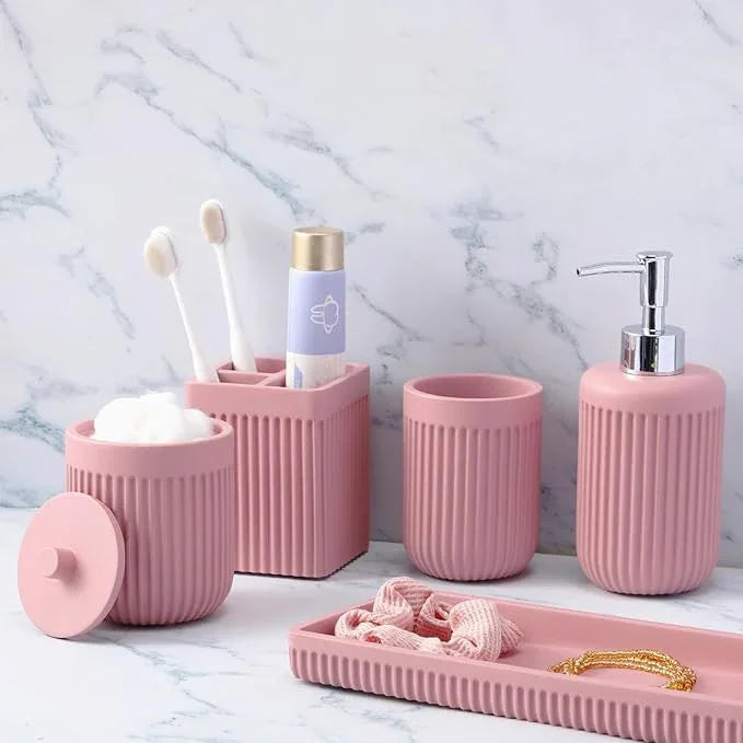 XLHOMO Resin Pink Bathroom Accessories Set 5 Pcs, Lotion Soap Dispenser, Toothbrush Holder, Bathroom Tumbler, Qtip Holder and Vanity Tray, Bathroom Countertop Organizer Set for Modern Home Apartment - ModernBath